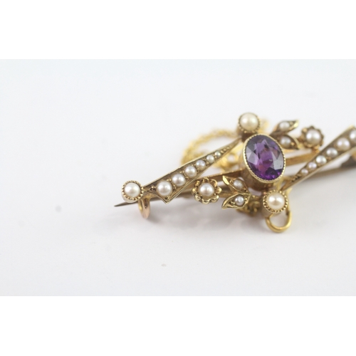 86 - 15ct gold amethyst & pearl bar brooch (4g)