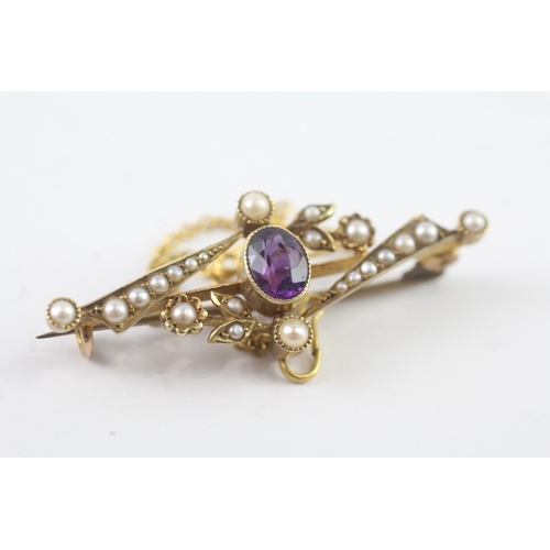 86 - 15ct gold amethyst & pearl bar brooch (4g)