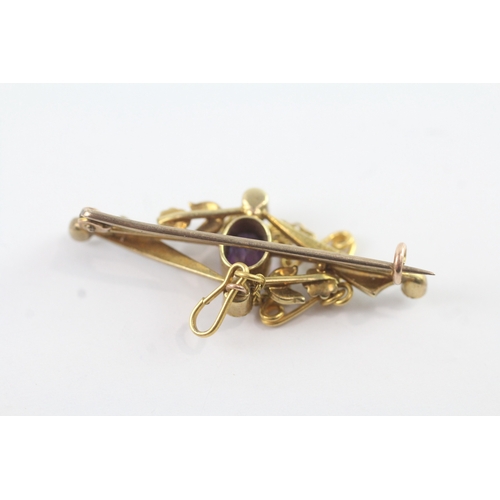 86 - 15ct gold amethyst & pearl bar brooch (4g)