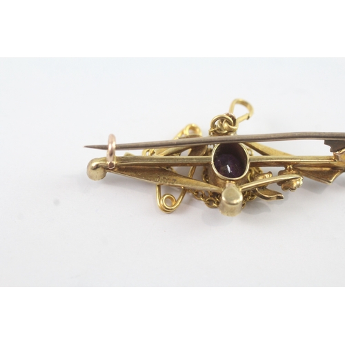 86 - 15ct gold amethyst & pearl bar brooch (4g)