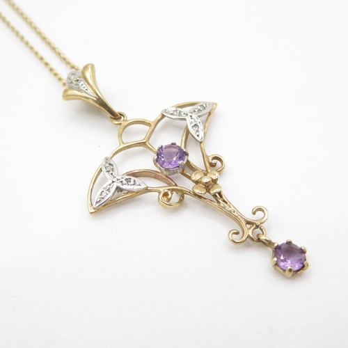 128 - 9ct gold antique amethyst and diamond set pendant necklace (2.4g)