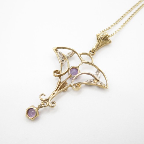 128 - 9ct gold antique amethyst and diamond set pendant necklace (2.4g)