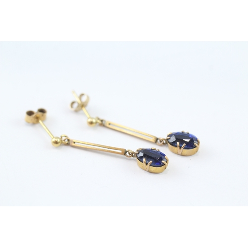 125 - 9ct gold sapphire drop bar earrings (2.2g)