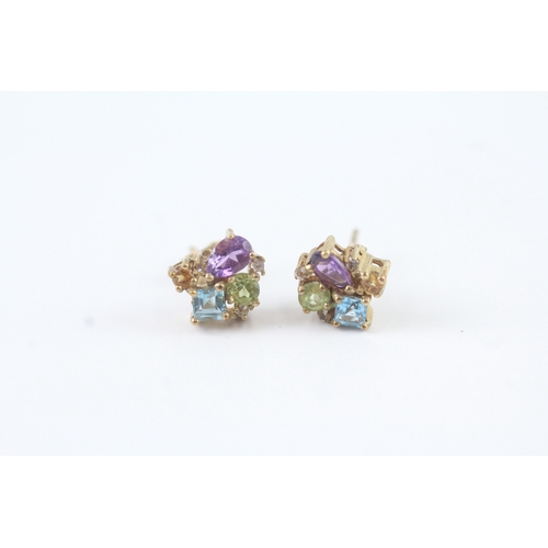 127 - 9ct gold multi-gemstone geometric cluster stud earring (1.9g)