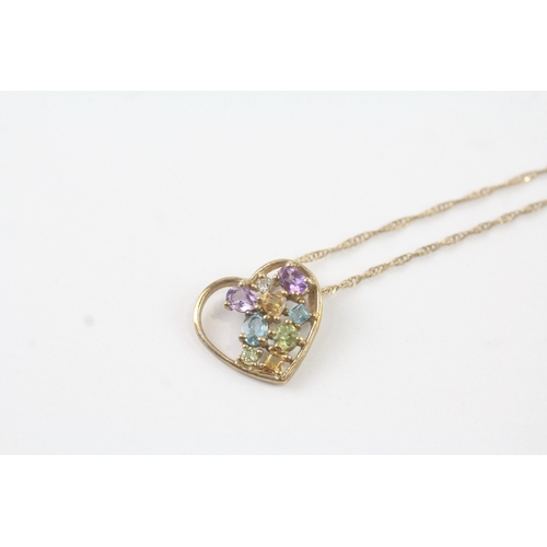 128 - 9ct gold multi-gemstone open heart pendant on chain (2.2g)