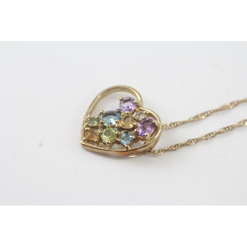 128 - 9ct gold multi-gemstone open heart pendant on chain (2.2g)