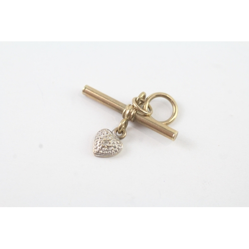 137 - 9ct gold horseshoe charm with R + T bar and diamond heart charm (1.6g)