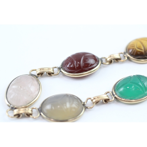 14 - 9ct gold tiger-eye, quartz, carnelian and chrysoprase scarab beetle bracelet (13.7g)