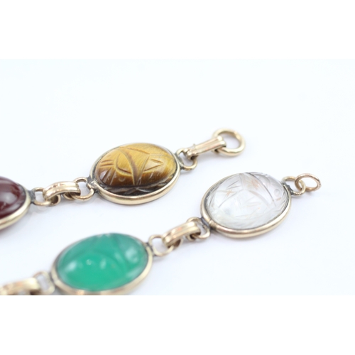 14 - 9ct gold tiger-eye, quartz, carnelian and chrysoprase scarab beetle bracelet (13.7g)