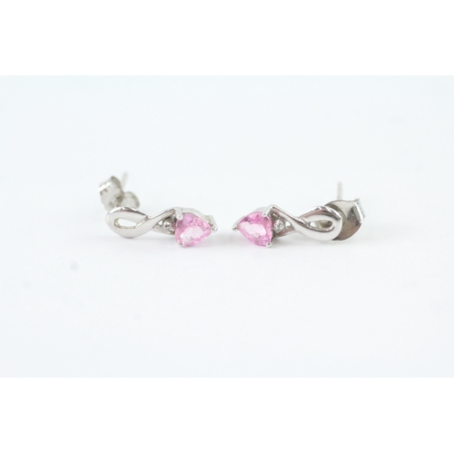 145 - 9ct gold diamond and pink sapphire twist drop earrings (0.9g)