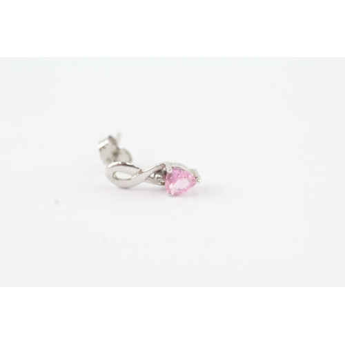 145 - 9ct gold diamond and pink sapphire twist drop earrings (0.9g)