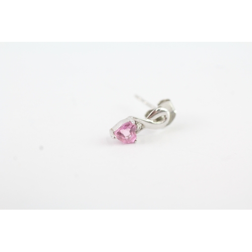 145 - 9ct gold diamond and pink sapphire twist drop earrings (0.9g)