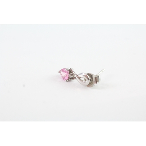 145 - 9ct gold diamond and pink sapphire twist drop earrings (0.9g)