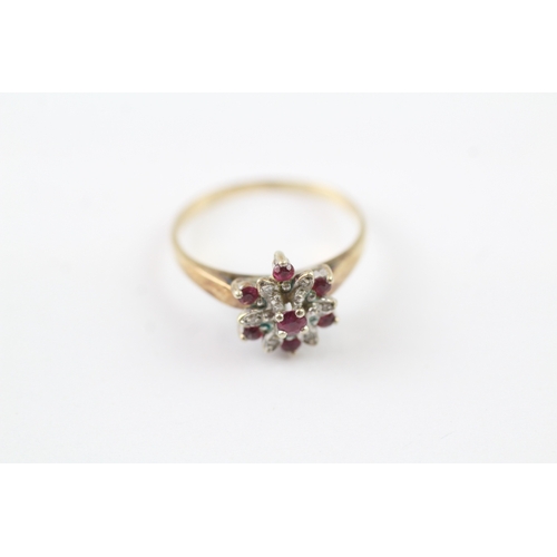 154 - 9ct gold ruby & diamond cluster dress ring (2g) Size M 1/2