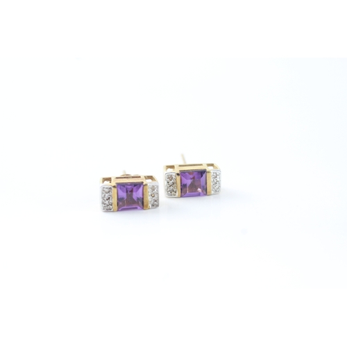 164 - 9ct gold amethyst & diamond stud earrings (2.4g)