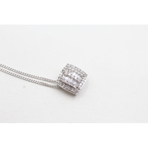 198 - 9ct white gold diamond square cluster pendant on chain (2.7g)