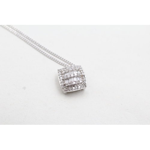 198 - 9ct white gold diamond square cluster pendant on chain (2.7g)