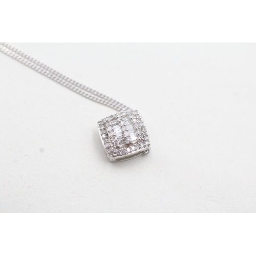 198 - 9ct white gold diamond square cluster pendant on chain (2.7g)