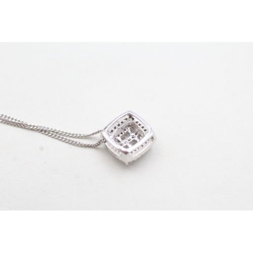 198 - 9ct white gold diamond square cluster pendant on chain (2.7g)