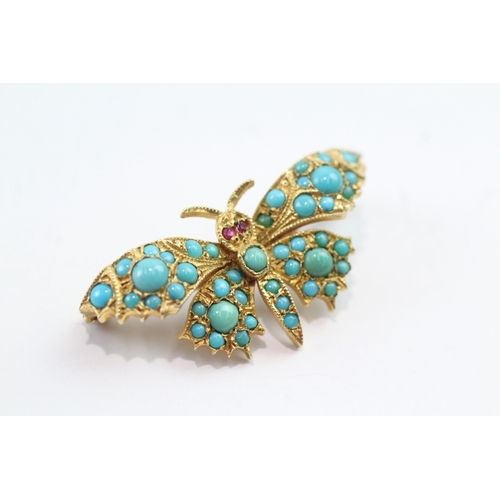 2 - 9ct gold turquoise & ruby butterfly bar brooch (5.2g)