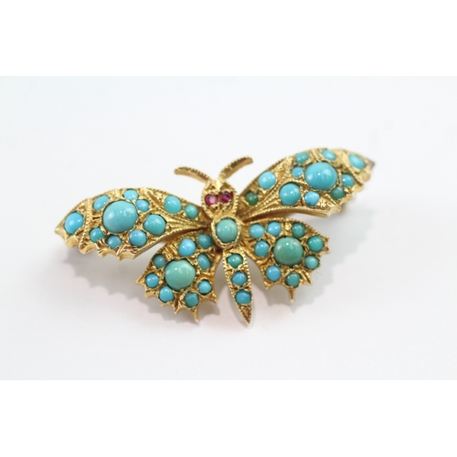 2 - 9ct gold turquoise & ruby butterfly bar brooch (5.2g)