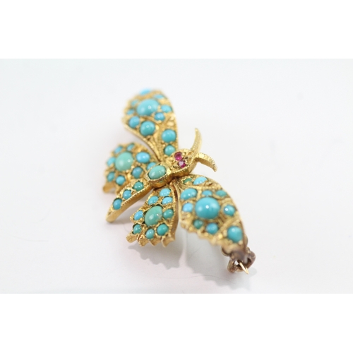 2 - 9ct gold turquoise & ruby butterfly bar brooch (5.2g)