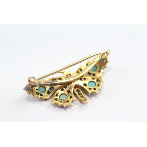 2 - 9ct gold turquoise & ruby butterfly bar brooch (5.2g)