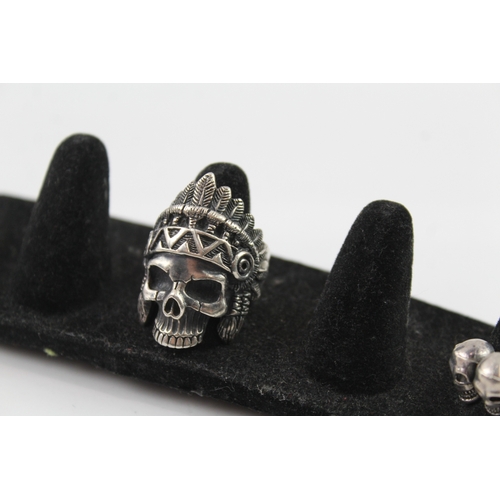 206 - Collection of Sterling Silver Rings inc. Skulls, Indian Headdress, Signet x 3 41g