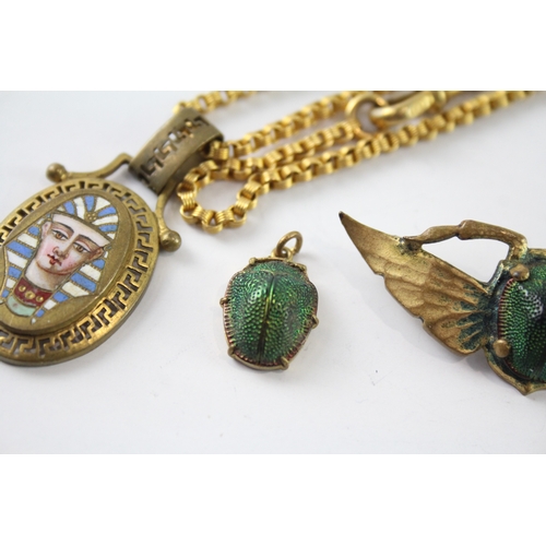 219 - Collection of Antique Egyptian Revival Jewellery inc. Scarab, Enamel x 3 19g