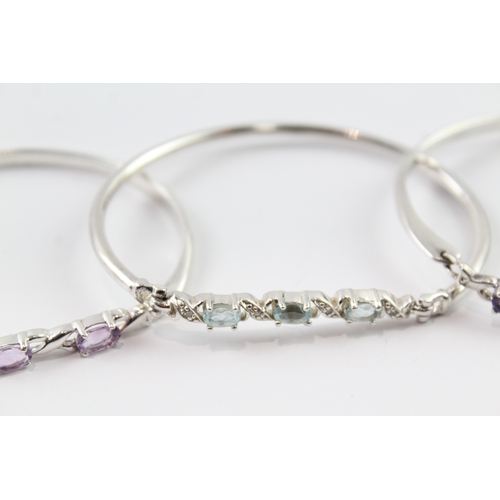 227 - Collection of Sterling Silver Gemstone Bangles inc. Diamond, Amethyst x 3 32g