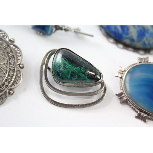 233 - Collection of Sterling Silver Gemstone Brooches inc. Chrysocolla, Agate x 5 34g