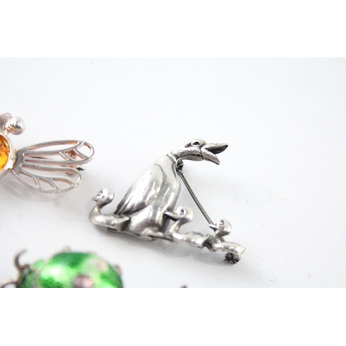 239 - Collection of Sterling Silver Animal Brooches inc. Amber, Enamel x 6 36g