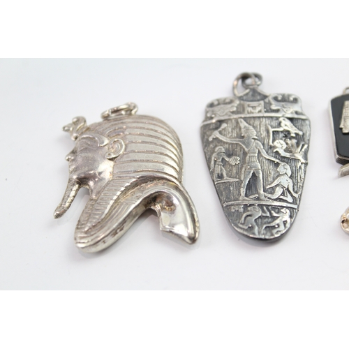 257 - Collection of Silver Egyptian Pendants inc. Cartouche, Ankh x 6 35g