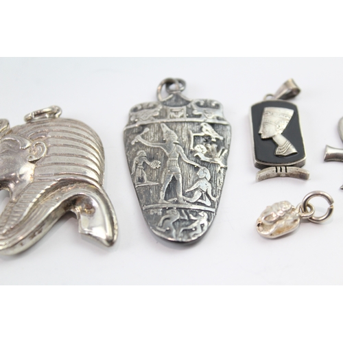 257 - Collection of Silver Egyptian Pendants inc. Cartouche, Ankh x 6 35g