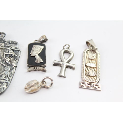 257 - Collection of Silver Egyptian Pendants inc. Cartouche, Ankh x 6 35g