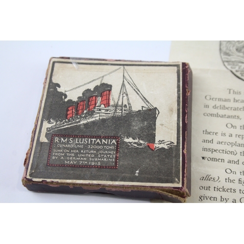 350 - Boxed WW1 RMS Lusitania Medal & Info Sheet