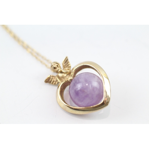 4 - 9ct gold amethyst orb with cherub on top of heart pendant necklace (6.2g)