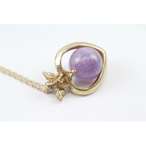 4 - 9ct gold amethyst orb with cherub on top of heart pendant necklace (6.2g)