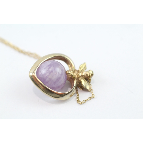 4 - 9ct gold amethyst orb with cherub on top of heart pendant necklace (6.2g)