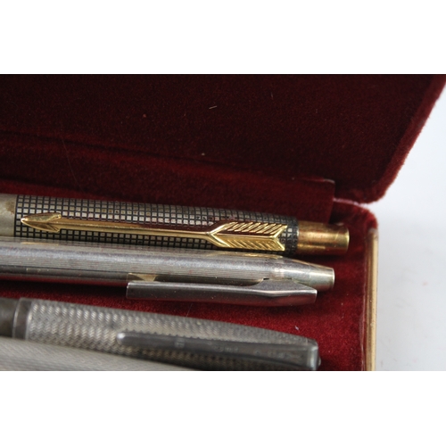 424 - 4 x Vintage .925 Sterling Silver Ballpoint Pens / Biros Inc Parker, Boxed (81g)