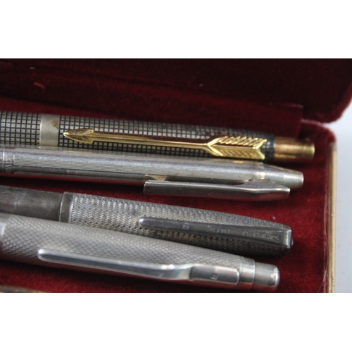 424 - 4 x Vintage .925 Sterling Silver Ballpoint Pens / Biros Inc Parker, Boxed (81g)