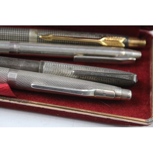 424 - 4 x Vintage .925 Sterling Silver Ballpoint Pens / Biros Inc Parker, Boxed (81g)