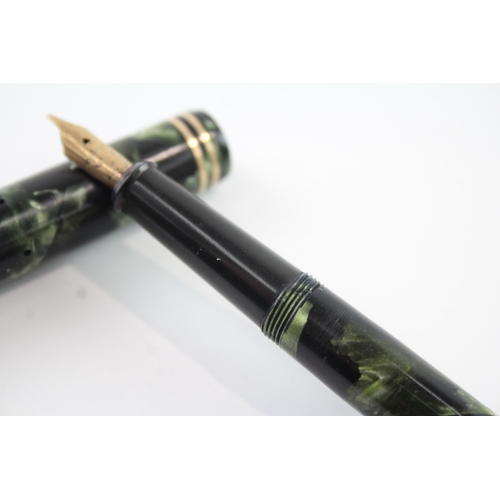 427 - Vintage De La Rue ONOTO Green Fountain Pen Black Casing 14ct Gold Nib WRITING