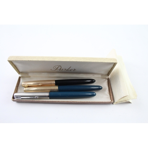 449 - 3 x Vintage Parker 51 Fountain Pens 14ct Gold Nibs WRITING Inc Rolled Gold Etc