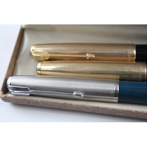 449 - 3 x Vintage Parker 51 Fountain Pens 14ct Gold Nibs WRITING Inc Rolled Gold Etc