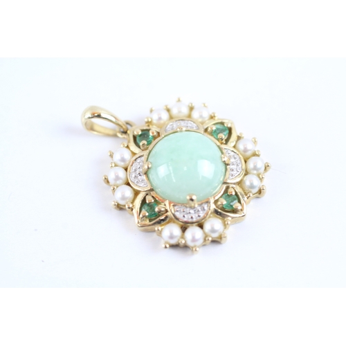 45 - 9ct gold jade, emerald, pearl and diamond cluster pendant (4.9g)