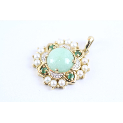 45 - 9ct gold jade, emerald, pearl and diamond cluster pendant (4.9g)