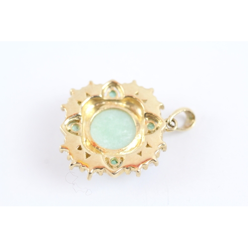 45 - 9ct gold jade, emerald, pearl and diamond cluster pendant (4.9g)