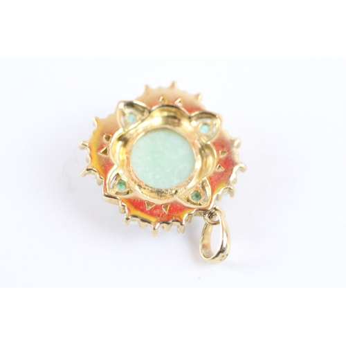 45 - 9ct gold jade, emerald, pearl and diamond cluster pendant (4.9g)