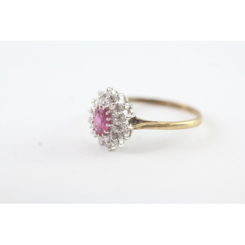 58 - 9ct gold vintage ruby & diamond cluster ring (2.6g) Size S